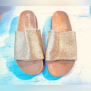 Let’s See Style Glitter Finish Casual Fashion Slip Ons, Gold and Tan, Size 8